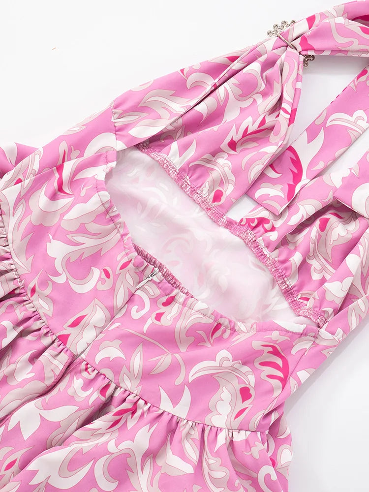 Print Halter Ruffled Sexy Maxi Dress Women Fashion V Neck Sleeveless High Waist Backless Beach Club Party Long Dress