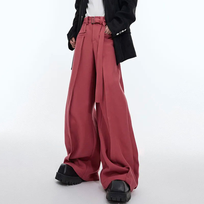 Niche Men Wide Leg Pants Three-dimensional Line Casual Belt Design High Street Men's Wear Straight Trousers Autumn 9C4728