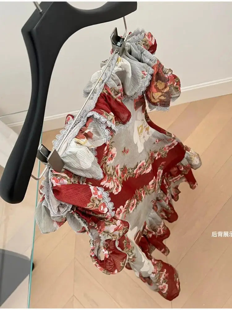 French Red Print Elegant Square Neck Slim Sexy Party Short Dress Women's Summer New Ruffled Edge Dresses Fashion Bohemian Trendy