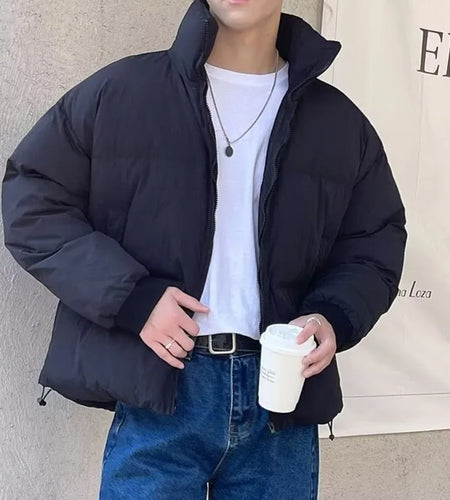 Stand Collar Padded Jacket Men's Warm Top Casual Thick Zipper Drawstring 2024 Fashion Male Winter Cotton Coat Korean 9C8852