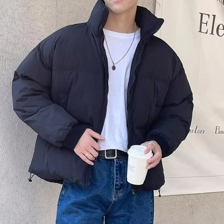 Stand Collar Padded Jacket Men's Warm Top Casual Thick Zipper Drawstring 2024 Fashion Male Winter Cotton Coat Korean 9C8852