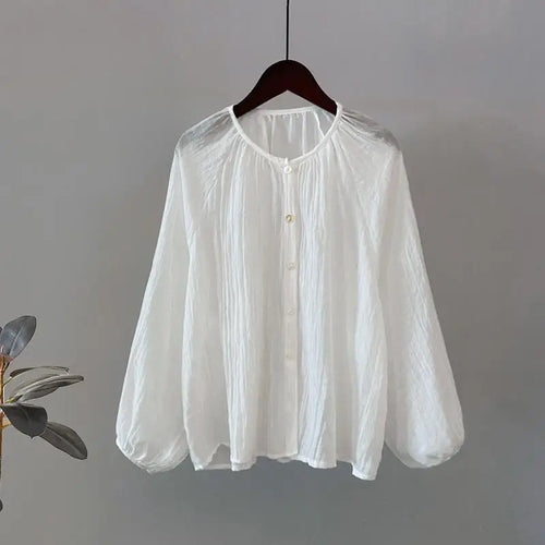 Load image into Gallery viewer, Retro Round Neck Blouse Women Spring Summer Solid Pleated Shirt Fashion Holiday Long Sleeve Top 2024 Casual Loose Sun Protection
