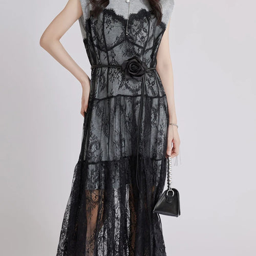 Load image into Gallery viewer, Women Gray Lace Perspective Big Size Midi Dress New Round Neck Short Sleeve Fashion Tide Spring Summer 2025 1DJ1429
