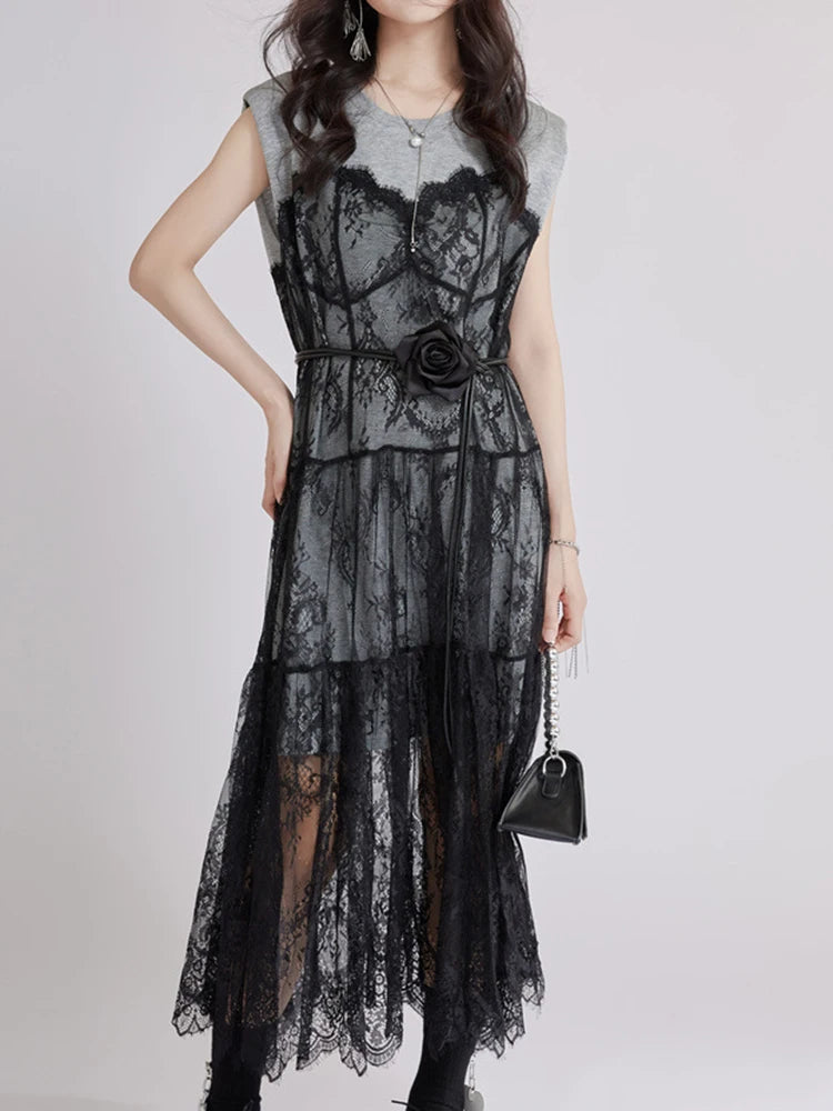 Women Gray Lace Perspective Big Size Midi Dress New Round Neck Short Sleeve Fashion Tide Spring Summer 2025 1DJ1429