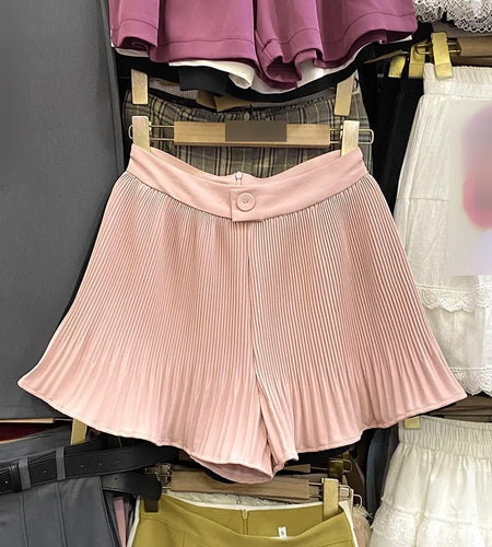 Women Sweet Black White Vacation Zipper Pleated Short Pant Summer Pink High Waist Wide Leg A-line Mini Shorts Casual Simplicity