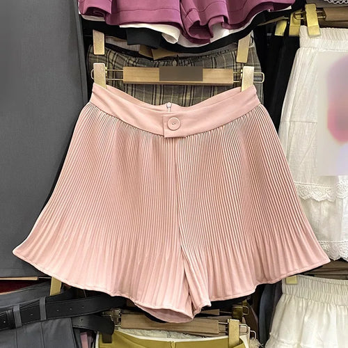 Load image into Gallery viewer, Women Sweet Black White Vacation Zipper Pleated Short Pant Summer Pink High Waist Wide Leg A-line Mini Shorts Casual Simplicity
