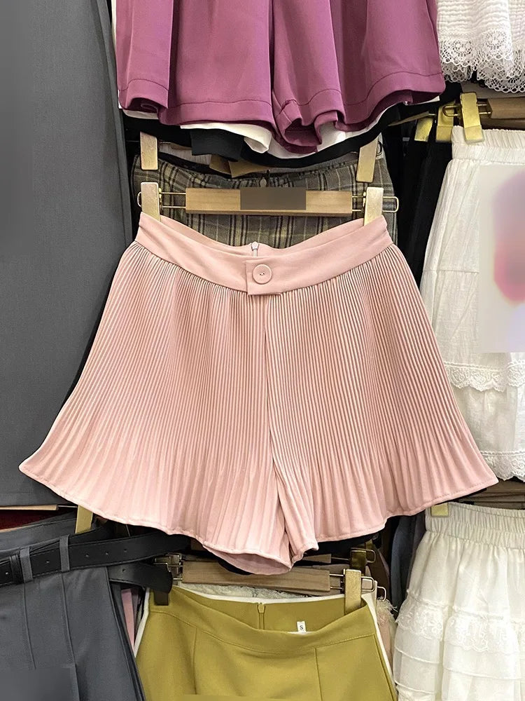 Women Sweet Black White Vacation Zipper Pleated Short Pant Summer Pink High Waist Wide Leg A-line Mini Shorts Casual Simplicity