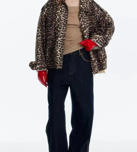 Hit Color Leopard Spliced Zipper Casual Jackets for Women Lapel Long Sleeves Patchwork Pocket Fashion Jacket Female