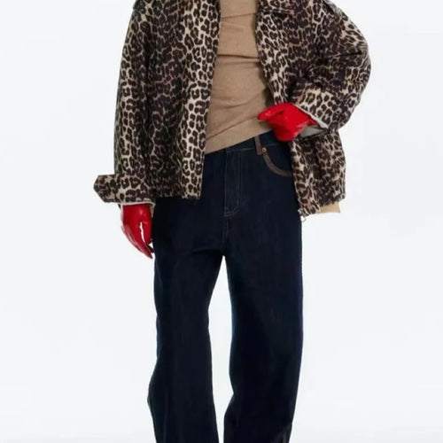 Load image into Gallery viewer, Hit Color Leopard Spliced Zipper Casual Jackets for Women Lapel Long Sleeves Patchwork Pocket Fashion Jacket Female
