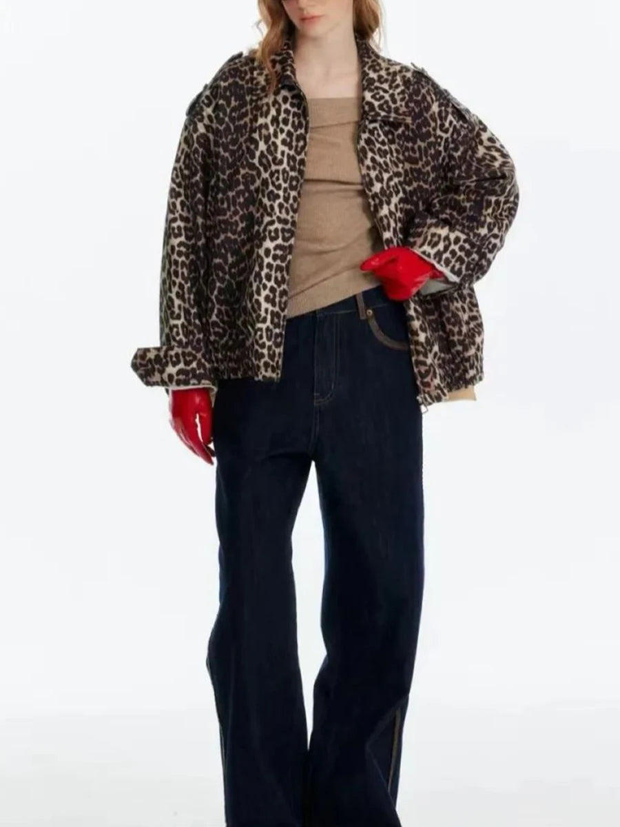 Hit Color Leopard Spliced Zipper Casual Jackets for Women Lapel Long Sleeves Patchwork Pocket Fashion Jacket Female