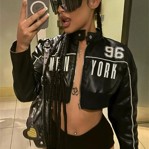 Load image into Gallery viewer, PU Patchwork Women Jacket Letter Print Hipster Button Zip Full Sleeve Trend Cool Street Wild Spring Outwear Crop Coat
