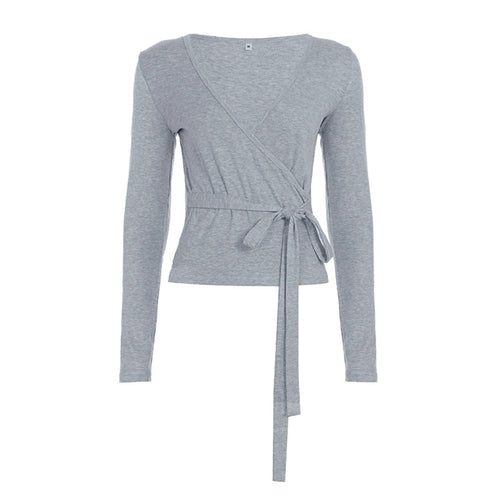 Load image into Gallery viewer, y2k Crop Top for Women Aesthetic Clothes Solid Color V Neck Long Sleeve Wrap Bandage T Shirts 2000s Clothing Streetwear
