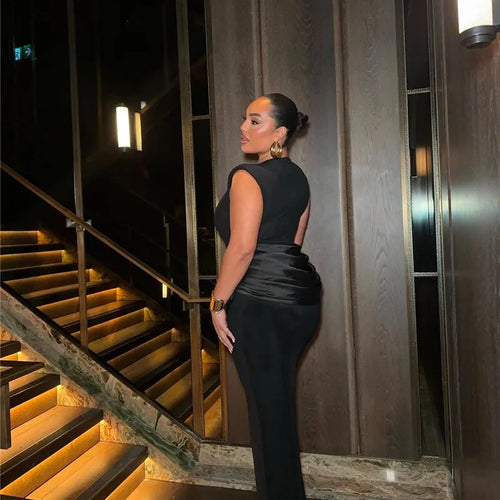 Load image into Gallery viewer, Sleeveless Ruched Sexy Maxi Dress For Women Gown Fashion Black O Neck High Waist Bodycon Club Party Long Dress Vestido
