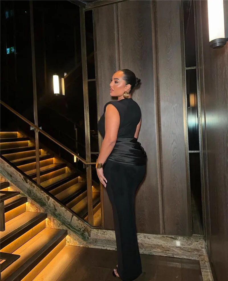 Sleeveless Ruched Sexy Maxi Dress For Women Gown Fashion Black O Neck High Waist Bodycon Club Party Long Dress Vestido