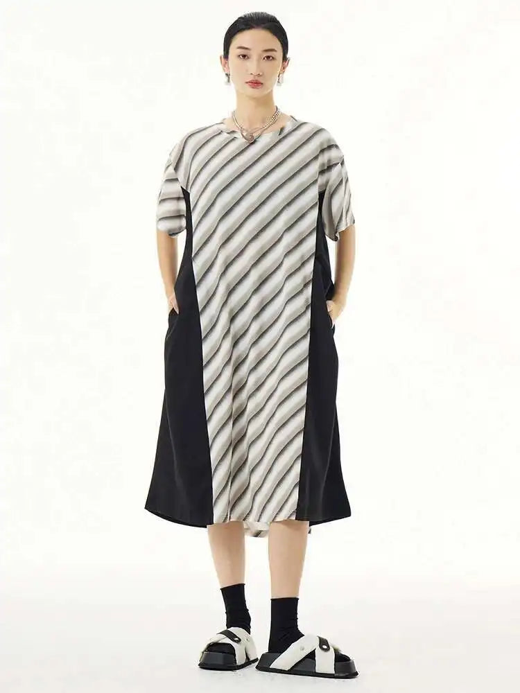 Women Purple Striped Color-block Big Size Dress New Round Neck Short Sleeve Fashion Tide Spring Summer 2025 1DH5420