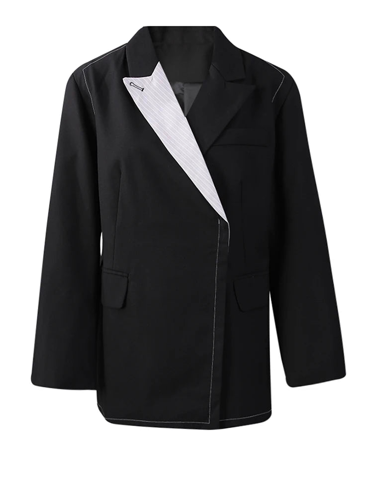 Women Black Striped Color-block Big Size Blazer New Lapel Long Sleeve Jacket Fashion Tide Spring Autumn 2025 2AA2393