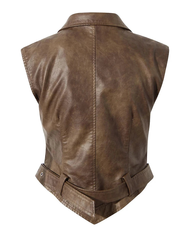 Coffee Pleated Belted Drawstring Leather Jacket New Lapel Long Sleeve Women Coat Fashion Tide Spring Autumn 2025 1DF5260