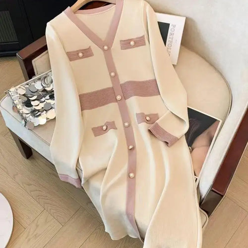 Load image into Gallery viewer, Autumn Winter Beige Single Breasted Long Sleeves Knitted Dress French Women V-neck Elegant Office Ladies Dress Casual Streetwear
