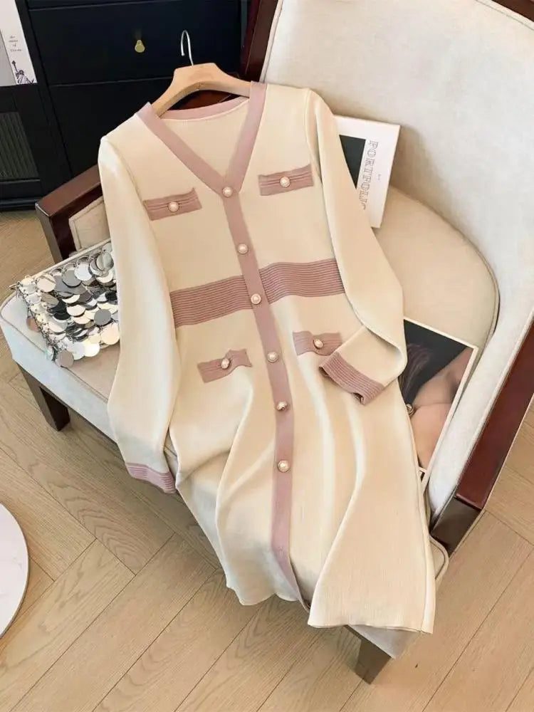 Autumn Winter Beige Single Breasted Long Sleeves Knitted Dress French Women V-neck Elegant Office Ladies Dress Casual Streetwear