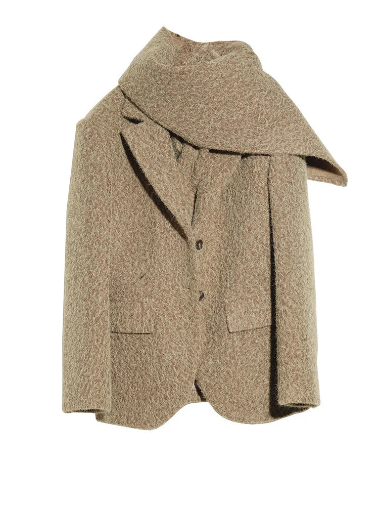 Yellow Elegant Big Size Woolen Coat New Scarf Collar Long Sleeve Women Jacket Fashion Tide Autumn Winter 2025 1DH4052