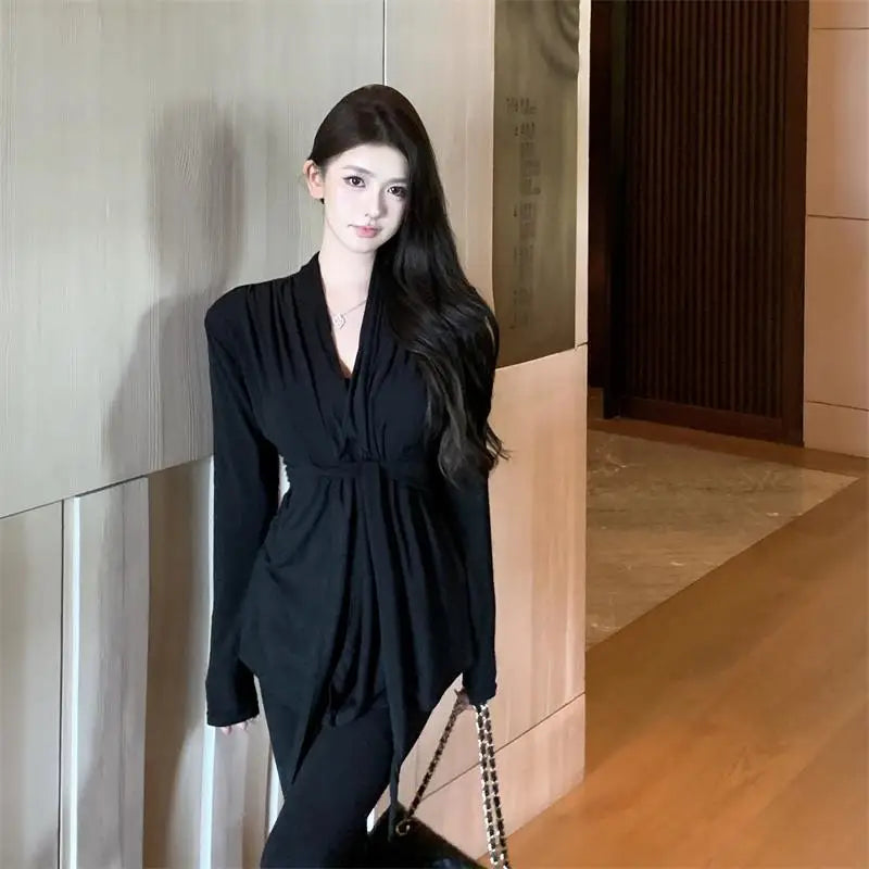 Women Black Beige V Neck Long Sleeve Bandage Pleated T Shirt Autumn Khaki Slim Casual Pullovers Tee Tops Streetwear Clothes Chic