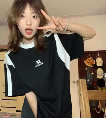 Trendy Summer Loose Casual T-Shirt All Match Contrast Color Patchwork Tshirts Women Grunge Letter Print Tee Shirts Y2k Aesthetic