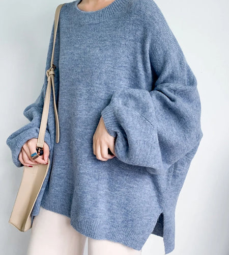 Blue Big Size Knitting Sweater Loose Fit Round Neck Lantern Sleeve Women Pullovers New Fashion Spring Autumn 2025 1DD6061