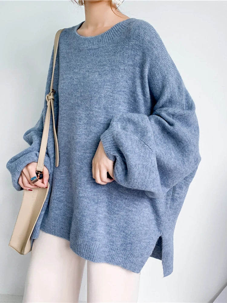 Blue Big Size Knitting Sweater Loose Fit Round Neck Lantern Sleeve Women Pullovers New Fashion Spring Autumn 2025 1DD6061