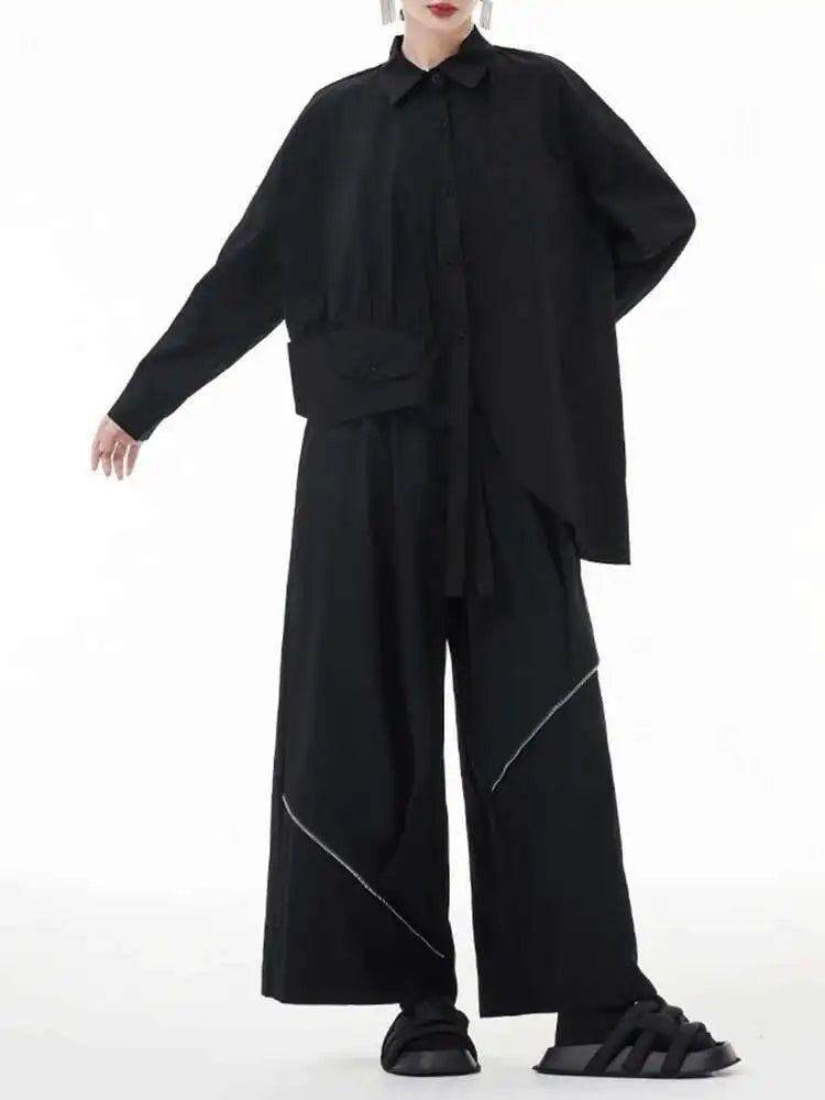 Women Black Big Size Asymmetric Blouse New Lapel Long Sleeve Loose Fit Shirt Fashion Tide Spring Autumn 2025 1DH3448