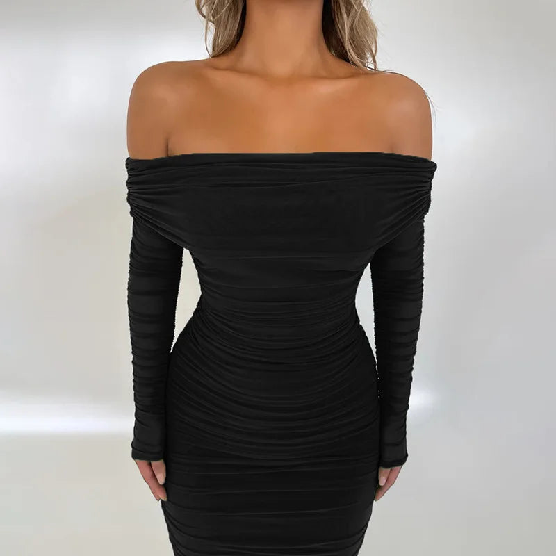 Off-shoulder Long Sleeve Sexy Maxi Dress For Women Autumn New Strapless Backless Bodycon Ruched Party Long Dress