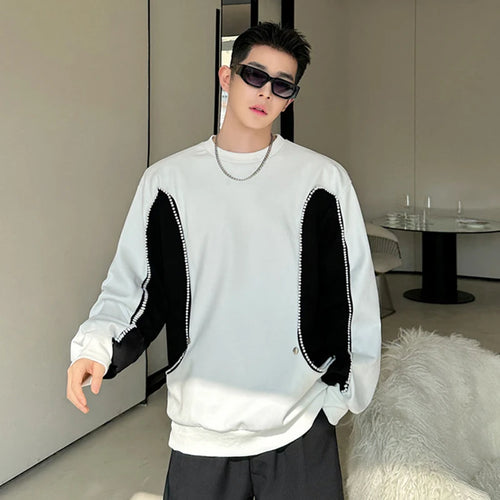 Load image into Gallery viewer, Korean Chic Men&#39;s T-shirt Round Collar Contrast Color Pearl Patchwork Design Male Round Neck Long Sleeve Top Spring 9C5123
