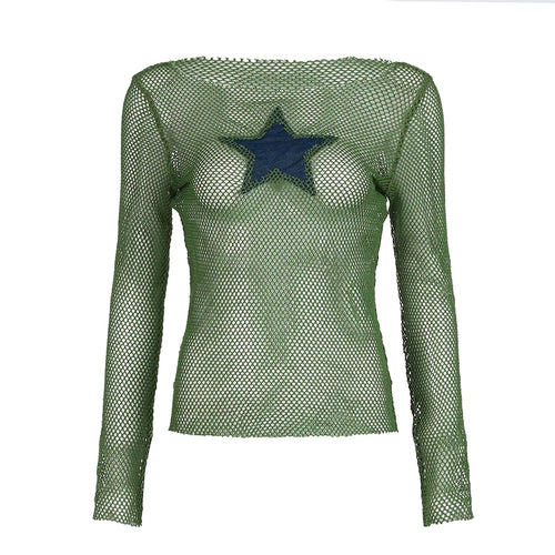 Load image into Gallery viewer, Harajuku Star Appliques Green Fishnet Top Slim Streetwear Summer T shirt Female Hollow Out Basic Tee Shirts Clothing
