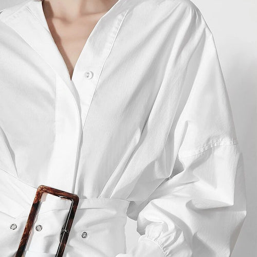 Load image into Gallery viewer, Solid Patchwork Belt Shirt For Women Lapel Lantern Sleeve Spliced Single Breasted Casual Blouse Female Fashion
