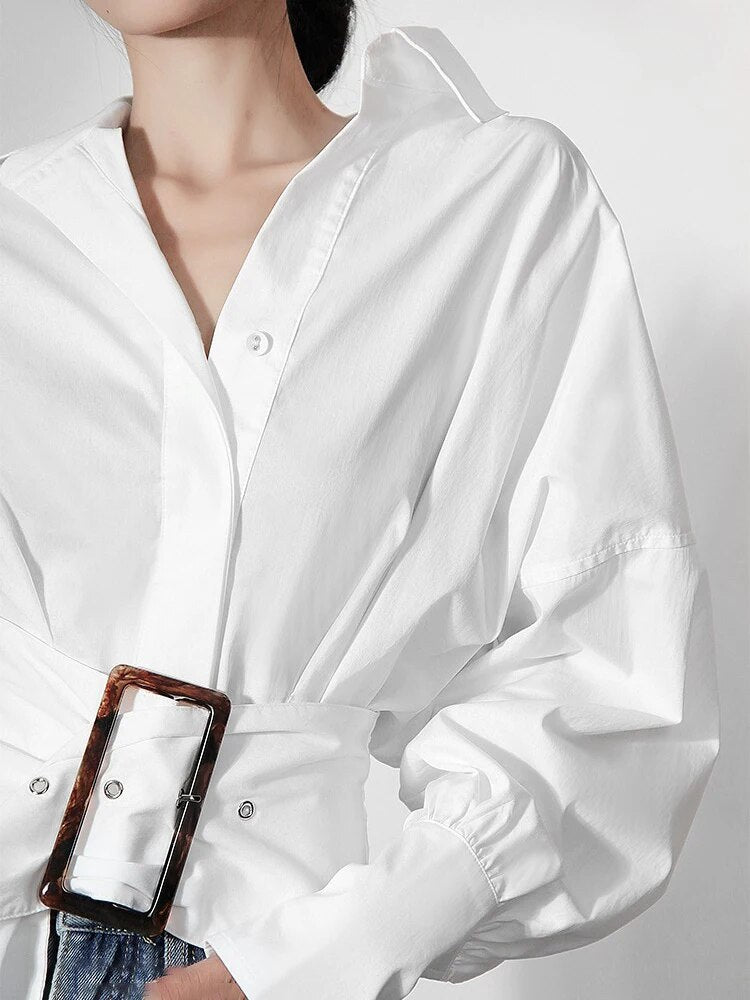 Solid Patchwork Belt Shirt For Women Lapel Lantern Sleeve Spliced Single Breasted Casual Blouse Female Fashion