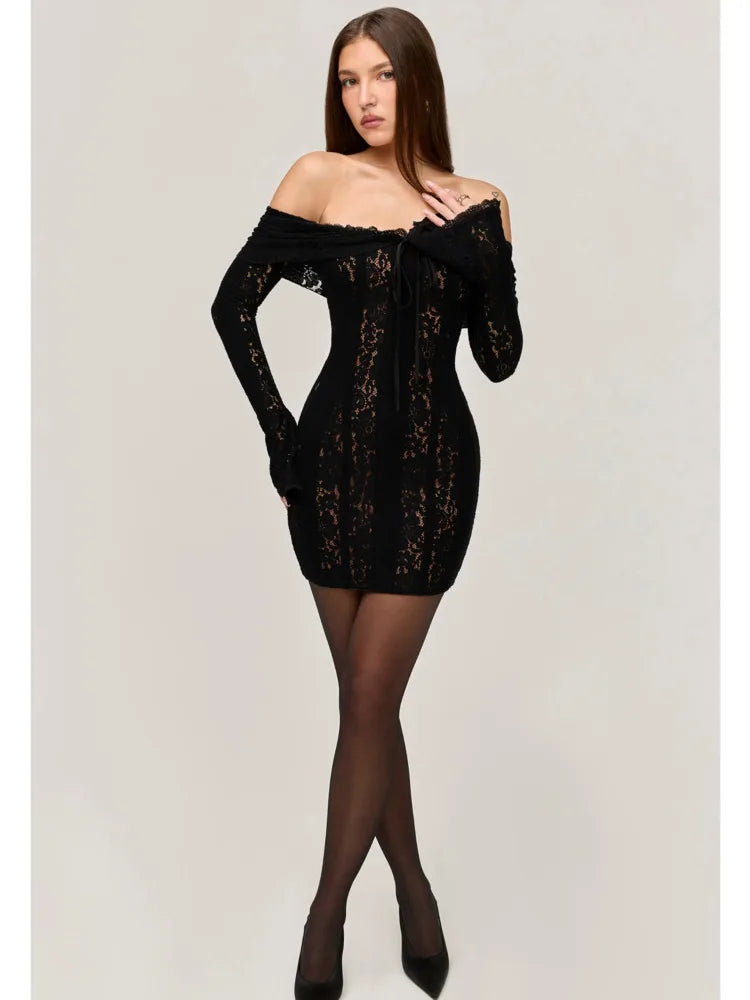Elegant Lace Patchwork One Shoulder Slim Dress Women Long Sleeved Tight Elastic Skirt Sexy Backless Party Evening Dress