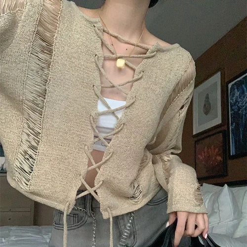 Load image into Gallery viewer, Y2K Holes Knitted Cardigans Two Side Wear Retro Harajuku Sexy Cropped Jumpers Women Full Sleeve Bandage Outwear Autumn Grunge
