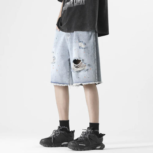 Load image into Gallery viewer, Men&#39;s Ripped Denim Shorts Solid Color Summer New Ragged Edge Tie Dyed Male High Street Short Pants Loose Trendy 2025 9W1355
