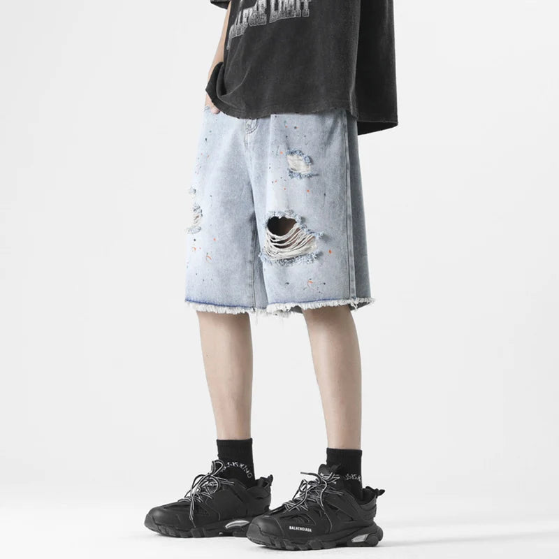 Men's Ripped Denim Shorts Solid Color Summer New Ragged Edge Tie Dyed Male High Street Short Pants Loose Trendy 2025 9W1355
