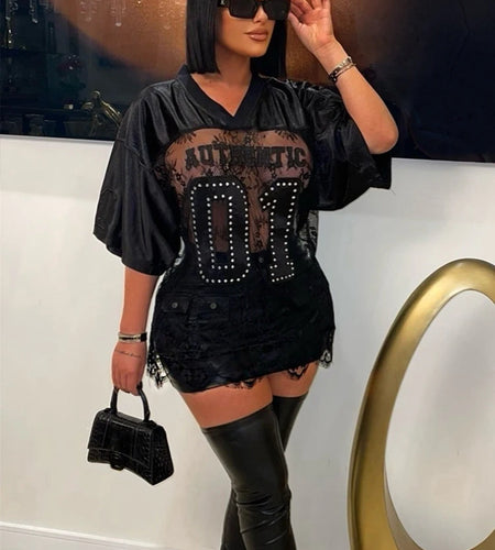 Loose Jacquard Letter Print T-Shirts Women V-Neck See Through Backless Short Sleeve Y2K Sexy Trend Streetwear Tops