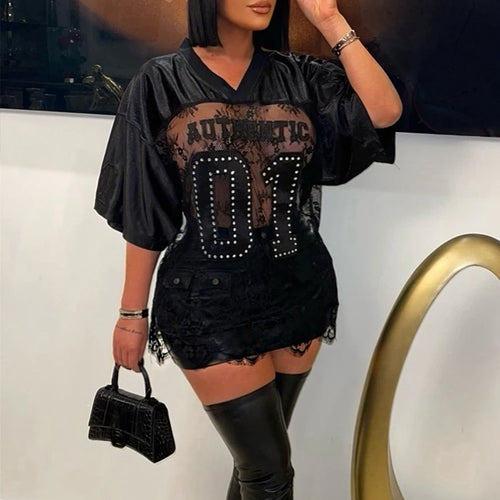 Load image into Gallery viewer, Loose Jacquard Letter Print T-Shirts Women V-Neck See Through Backless Short Sleeve Y2K Sexy Trend Streetwear Tops
