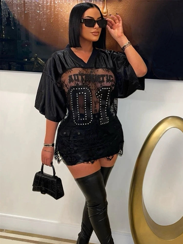 Loose Jacquard Letter Print T-Shirts Women V-Neck See Through Backless Short Sleeve Y2K Sexy Trend Streetwear Tops