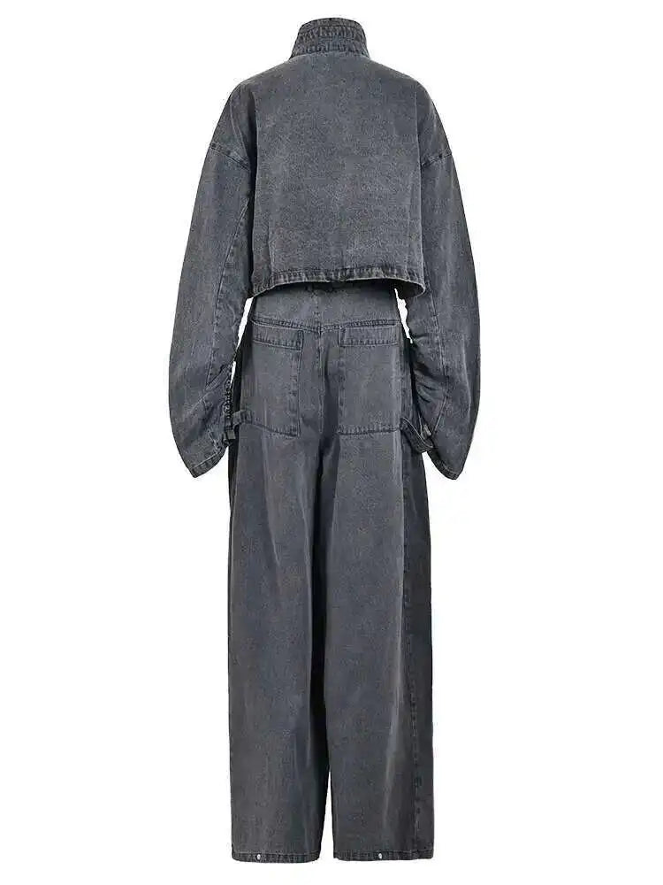 Blue Denim Jacket Big Size Wide Leg Pants Two Piece Suit New Stand Collar Women Fashion Tide Spring Autumn 2025 CPG0370