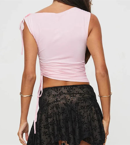 Pink Crop Top y2k Clothing Women Solid Color Sleeveless Ruched Tanks with 3D Flower 2000s Aesthetic Clothes Streetwear