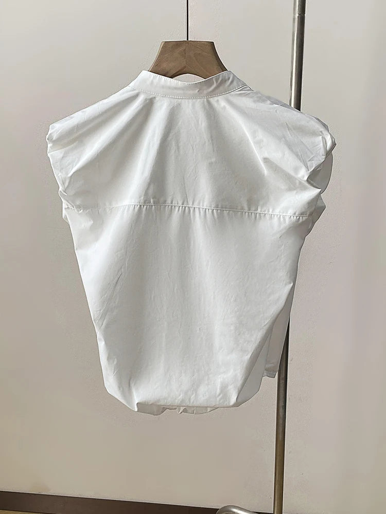 Women White Shaped Elegant Vintage Blouse New Stand Collar Sleeveless Shirt Fashion Tide Spring Summer 2025 1DJ1479