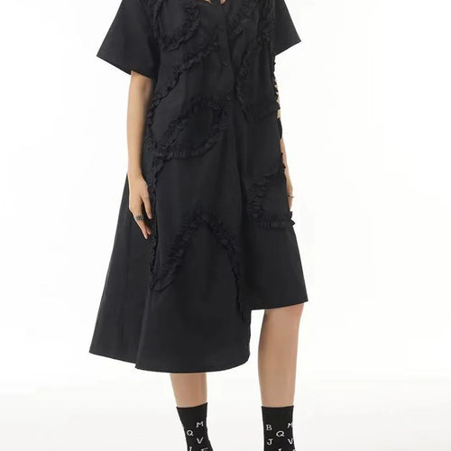 Load image into Gallery viewer, Women Black Hollow Out Irregular Ruffles Big Size Shirt Dress New Lapel Short Sleeve Fashion Spring Summer 2025 1DJ0504
