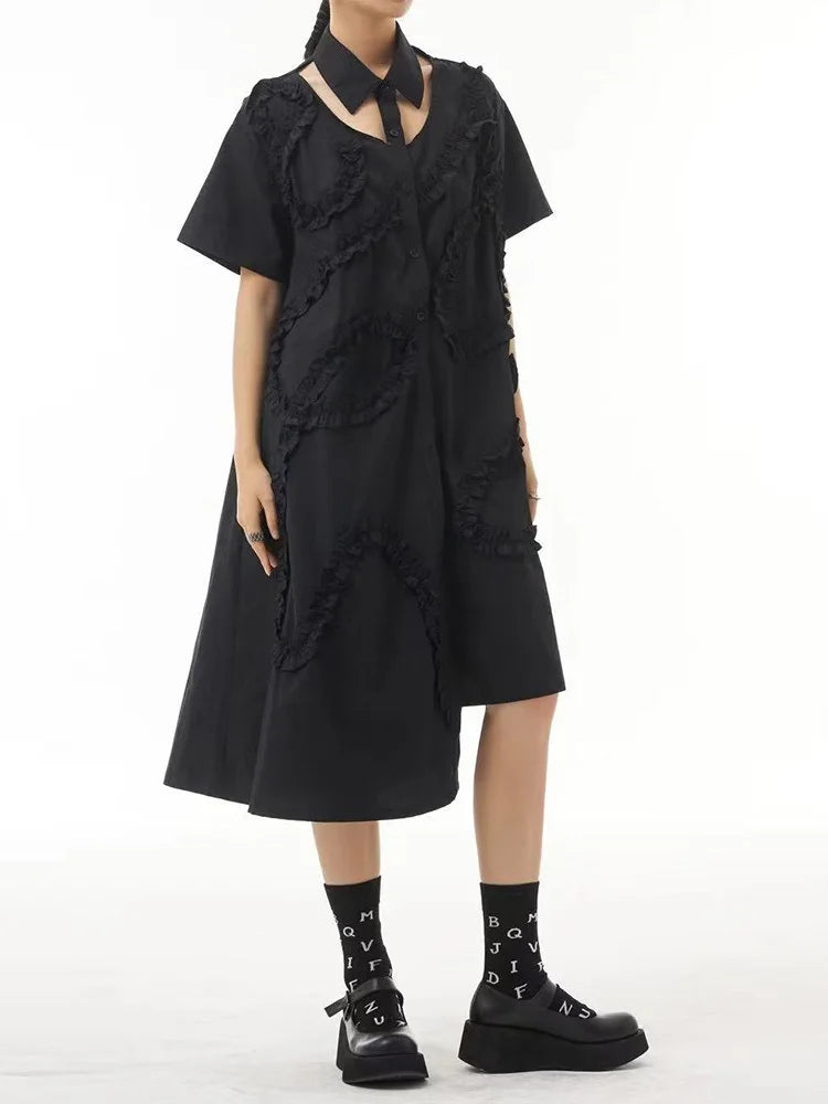 Women Black Hollow Out Irregular Ruffles Big Size Shirt Dress New Lapel Short Sleeve Fashion Spring Summer 2025 1DJ0504