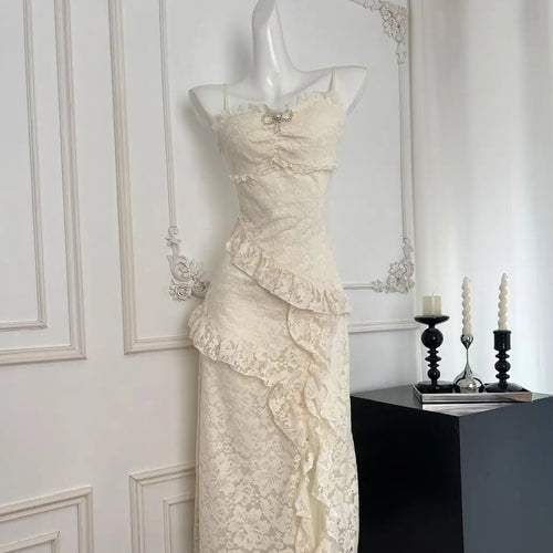 Load image into Gallery viewer, Summer 2024 French Vintage Beige Lace Sleeveless Elegant Spaghetti Strap Long Dress Women Backless Ruffles Party Evening Dresses
