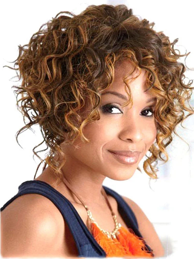 Afro Short Wig Culry Hair Synthetic Wigs with Bangs High Temperature Fiber Wig for Woman Mix Brown Colly Fashion Hairstyle Cute