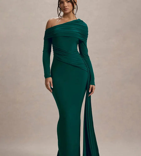 Elegant Long Sleeve Slanted Shoulder Party Club Evening Dress For Women 2025 New Dress Sexy Shrink Fold Winter Vestidos
