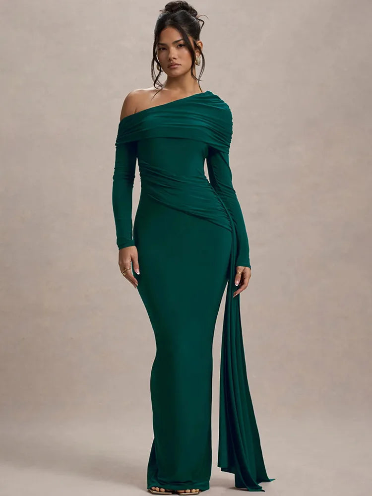 Elegant Long Sleeve Slanted Shoulder Party Club Evening Dress For Women 2025 New Dress Sexy Shrink Fold Winter Vestidos